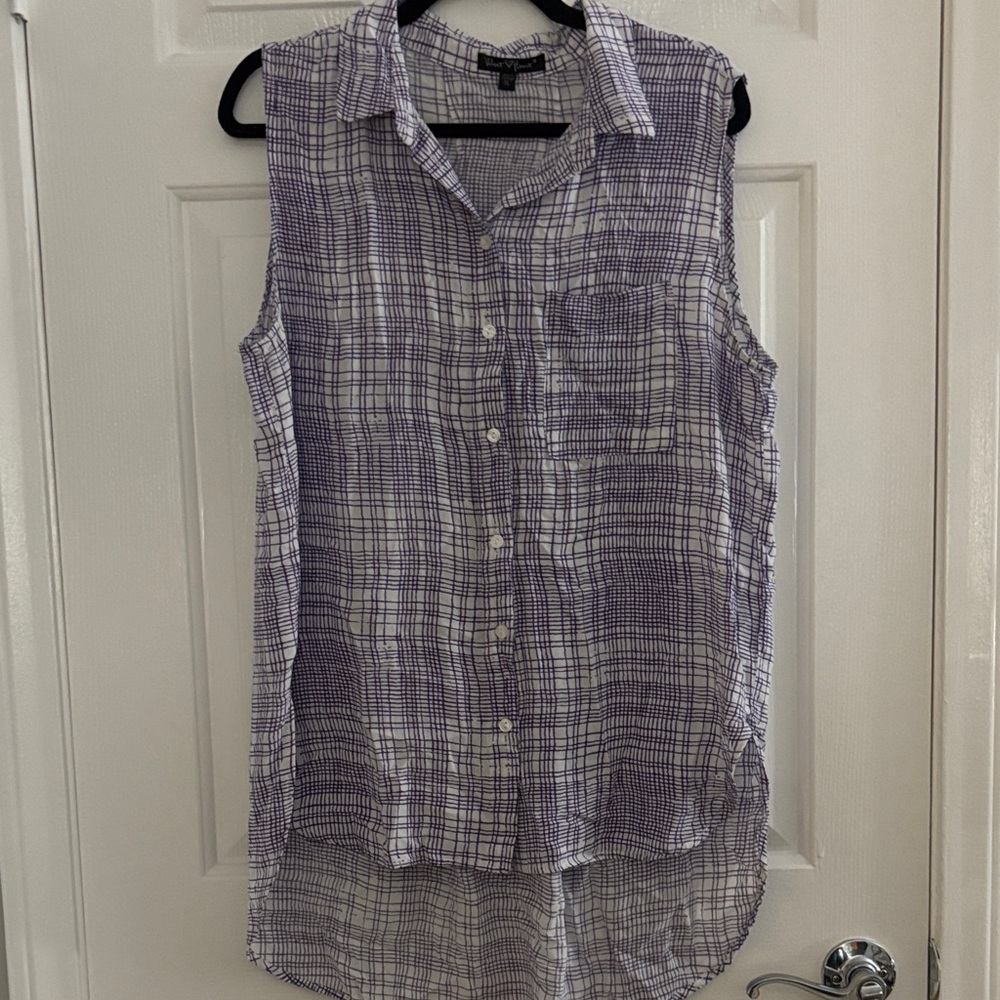 Velvet Heart White and Purple Plaid Sleeveless Button-Front Top